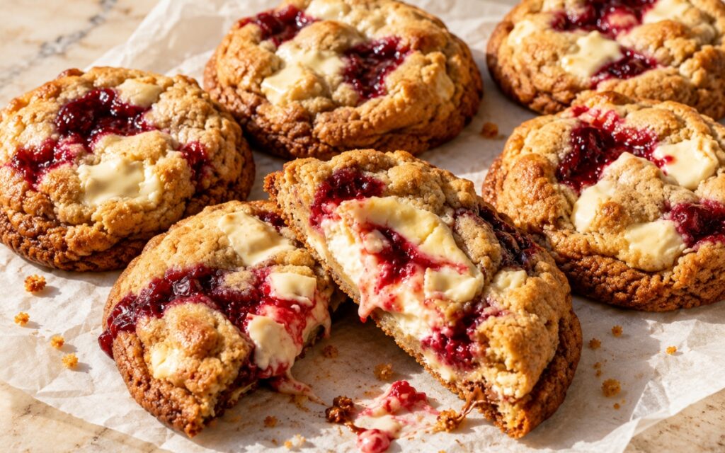 Raspberry white chocolate cheesecake cookies broken in half showing a creamy center and raspberry pocket