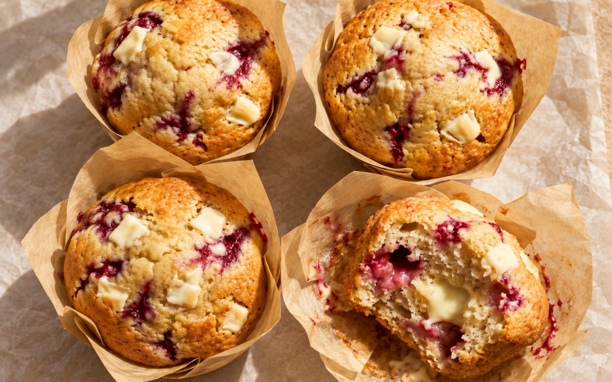 Raspberry white chocolate muffins with tall domed tops and visible raspberries and chocolate