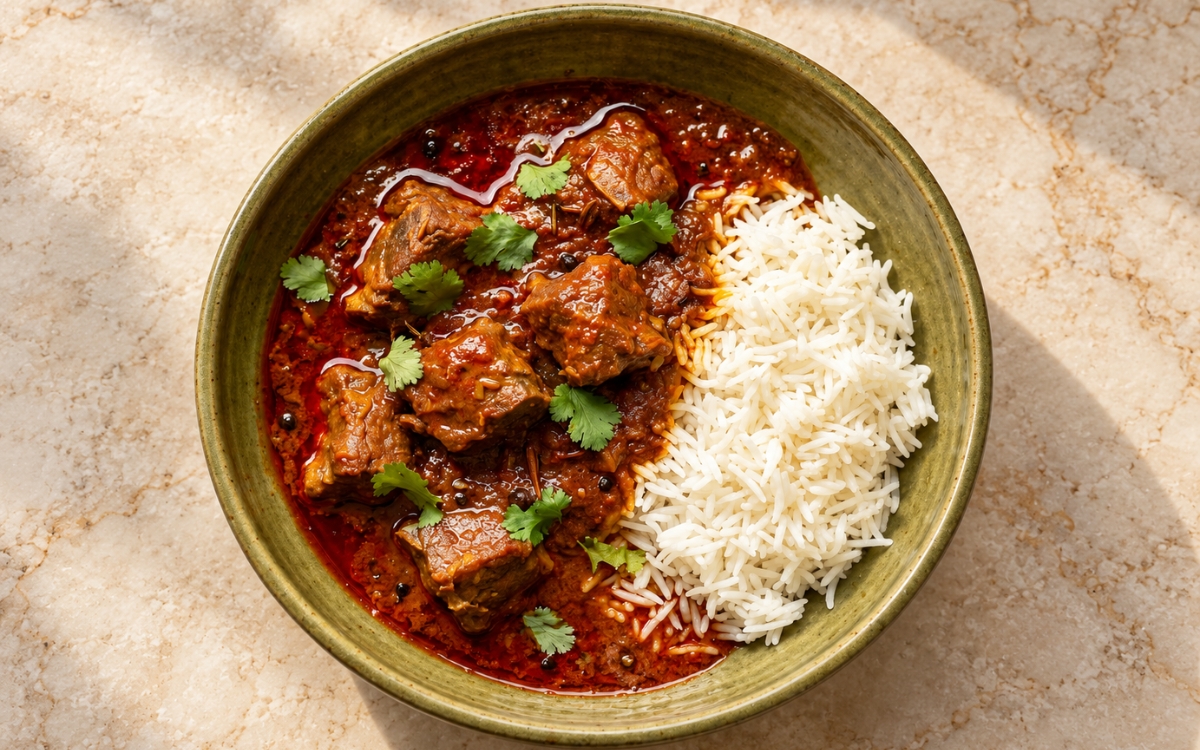 Rogan josh lamb curry in a deep red spiced sauce served over jasmine rice with cilantro