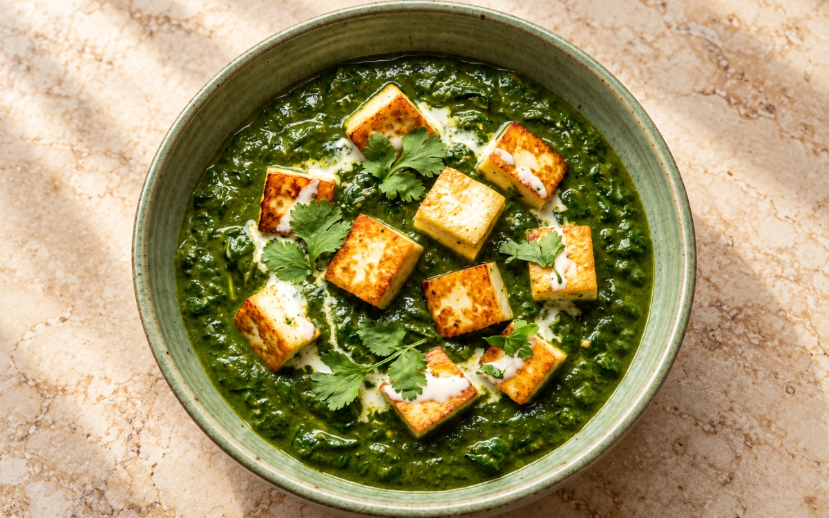 Saag paneer with golden-edged paneer cubes in a deep green spinach gravy, finished with cream