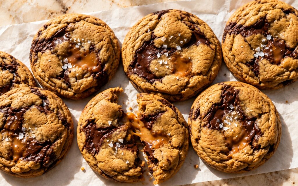 Salted caramel espresso cookie broken open showing gooey caramel center