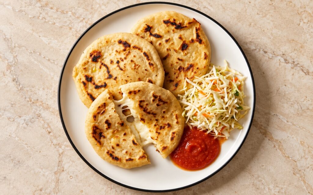 Salvadoran cheese pupusas showing thick golden masa rounds with charred brown spots, a mound of curtido slaw, and a bowl of smooth salsa roja, on marble surface