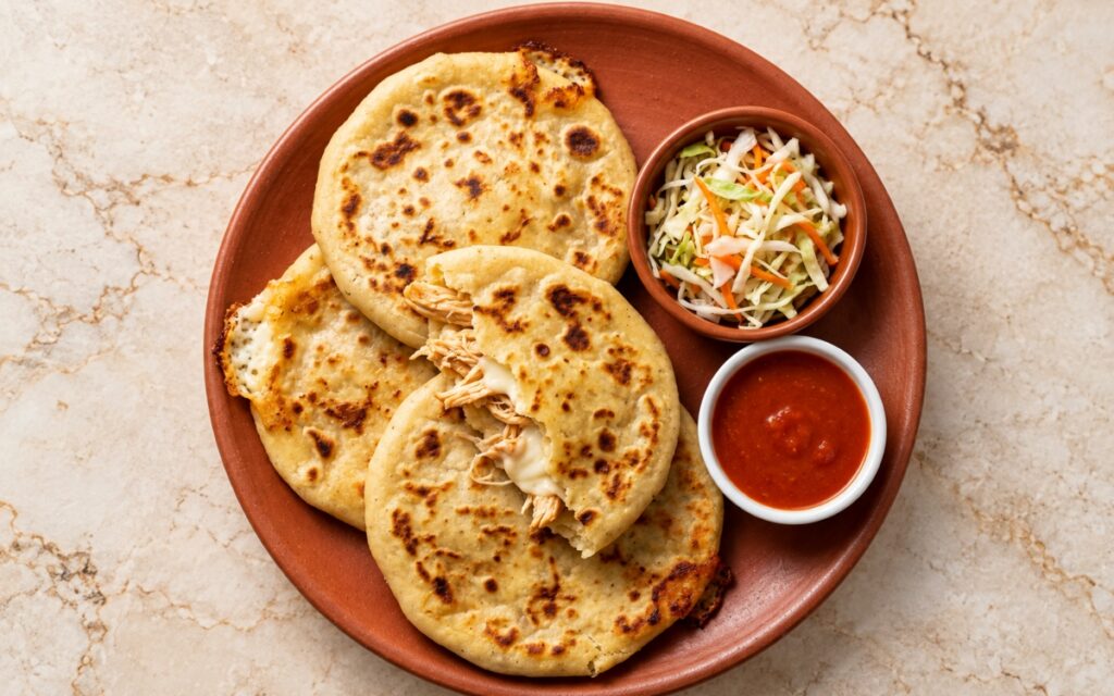 Salvadoran chicken pupusas showing thick golden masa rounds with toasted brown spots, a mound of curtido slaw, and a bowl of smooth salsa roja, on marble surface