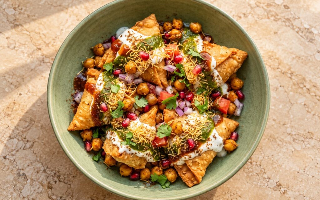 Samosa chaat showing broken crisp golden samosas topped with chickpeas, yogurt, green chutney, tamarind chutney, sev, red onion and cilantro, on marble surface