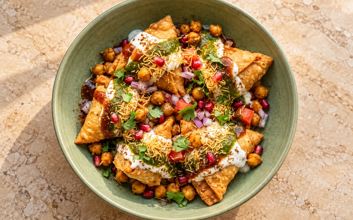 Samosa chaat showing broken crisp golden samosas topped with chickpeas, yogurt, green chutney, tamarind chutney, sev, red onion and cilantro, on marble surface