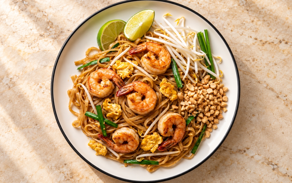 Shrimp Pad Thai showing glossy rice noodles with seared shrimp, scrambled egg, bean sprouts and garlic chives, topped with chopped peanuts and lime wedges, on marble surface