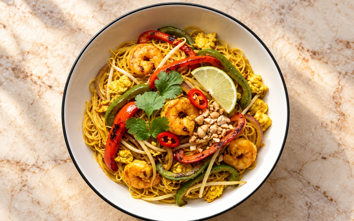Singapore Curry Noodles showing bright yellow rice noodles with shrimp, egg curds, red and green peppers and bean sprouts, topped with peanuts and lime, on marble surface