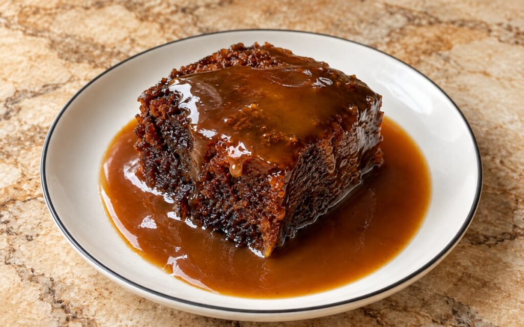 Sticky toffee pudding square on a plate with glossy toffee sauce pooling around the sponge