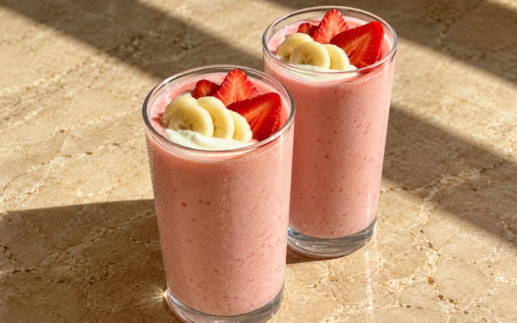 Strawberry banana Greek yogurt smoothie showing a thick pale pink smoothie topped with a yogurt swirl, sliced strawberries, and banana coins, on marble surface