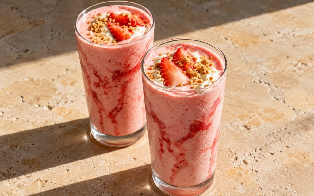 Strawberry cheesecake smoothie in a tall glass showing pink strawberry swirls along the glass, a creamy topping, sliced strawberries, and graham crumbs, on marble surface