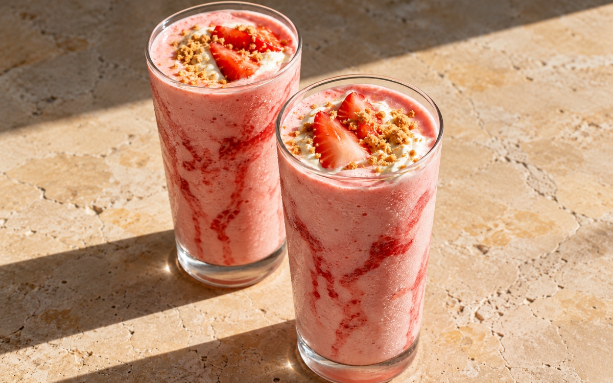 Strawberry cheesecake smoothie in a tall glass showing pink strawberry swirls along the glass, a creamy topping, sliced strawberries, and graham crumbs, on marble surface