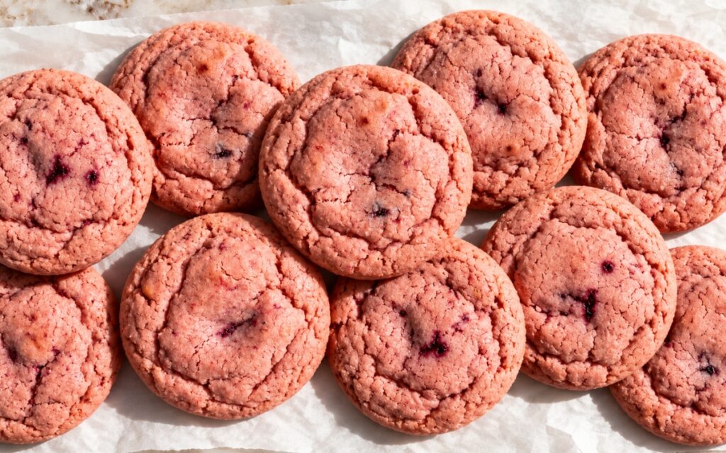 Strawberry hibiscus sugar cookies showing rosy-pink crackled tops and berry specks