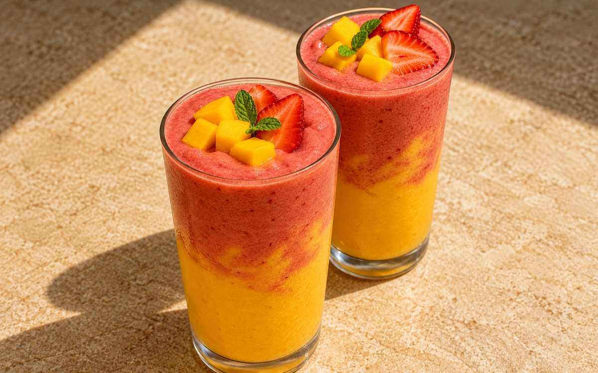 Strawberry mango smoothie showing a layered golden mango base and creamy pink strawberry top, topped with fresh fruit and mint, on marble surface