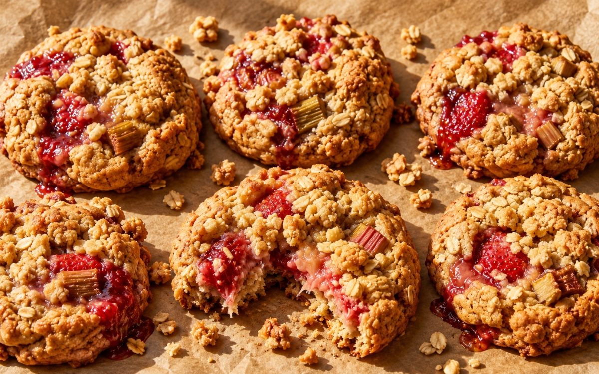Strawberry rhubarb oat crisp cookies showing jammy fruit filling peeking through buttery crumble topping