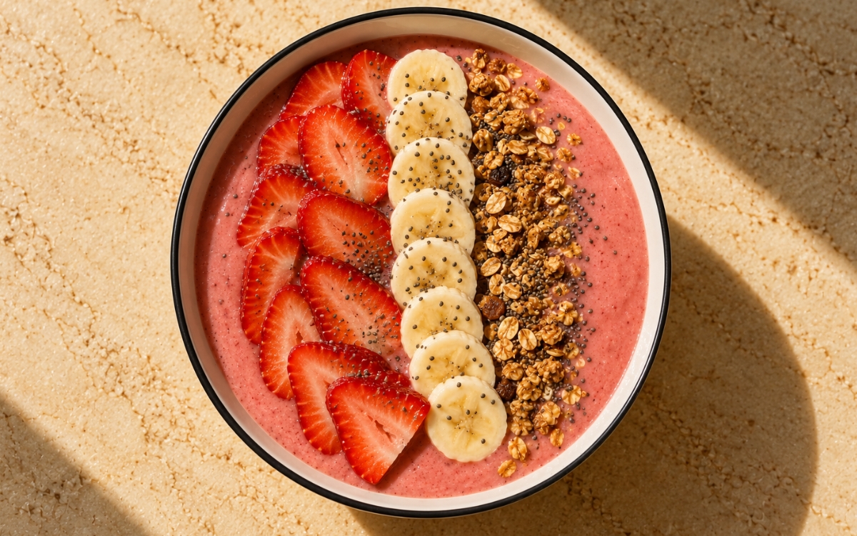 Strawberry smoothie bowl showing a thick bright pink base topped with neat sections of sliced strawberries, banana coins, granola, and chia seeds, on marble surface