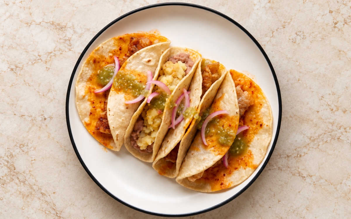 Tacos de canasta showing soft folded corn tortillas stained orange-red with chile oil, layered in a lined basket with salsa verde and pickled red onion, on marble surface