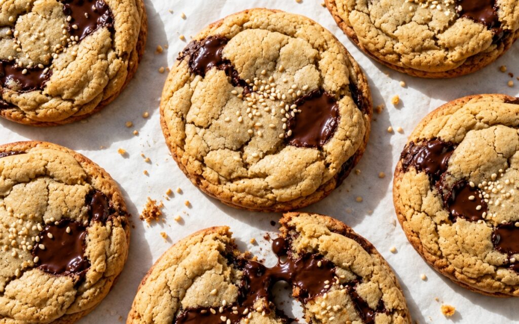 Tahini chocolate chunk cookies with wrinkled tops and melted chocolate pools