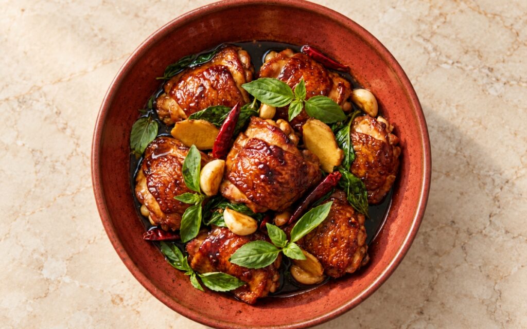 Taiwanese three cup chicken showing glazed browned chicken pieces, whole garlic cloves, ginger slices, dried red chilies, and Thai basil in dark glossy sauce, on marble surface