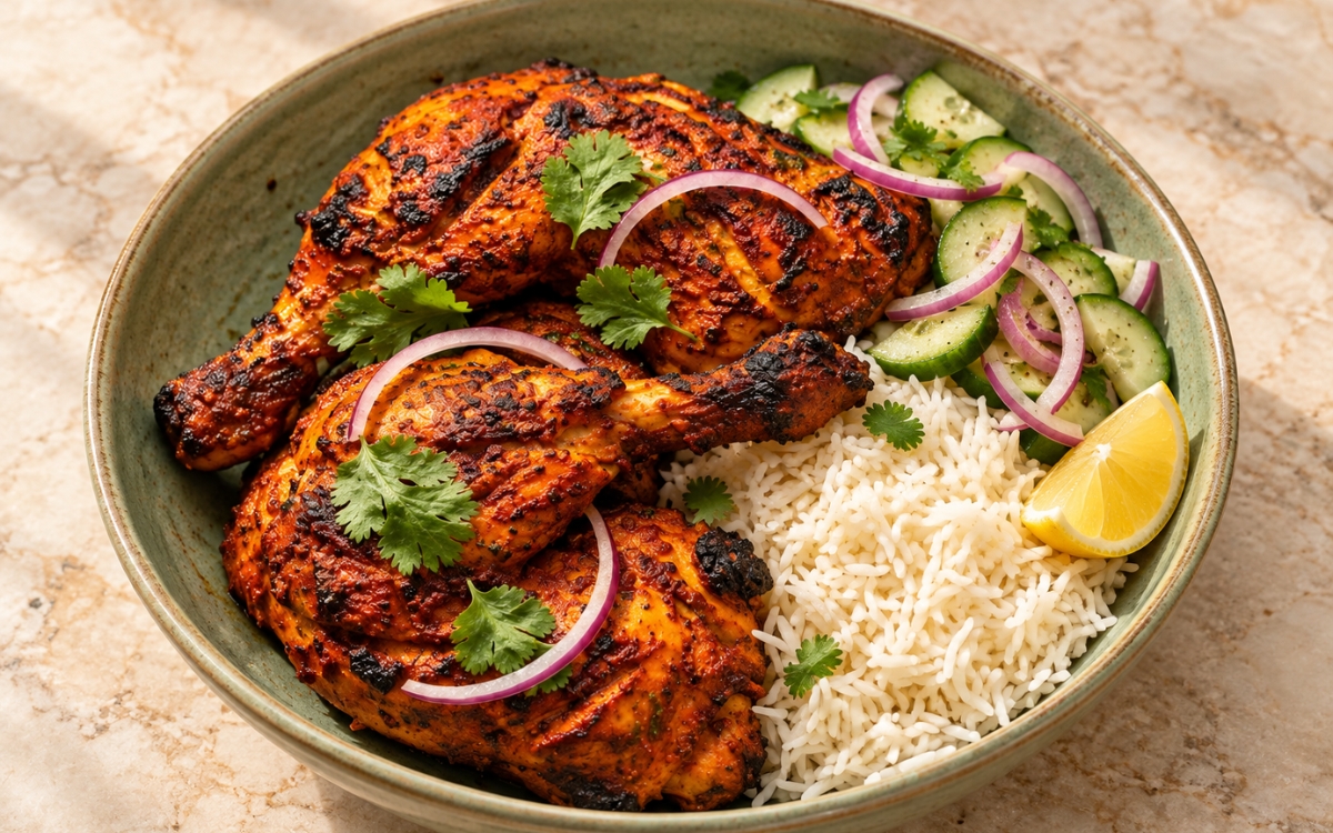Charred tandoori masala chicken legs served with jasmine rice, onion-cucumber salad, and lemon wedges