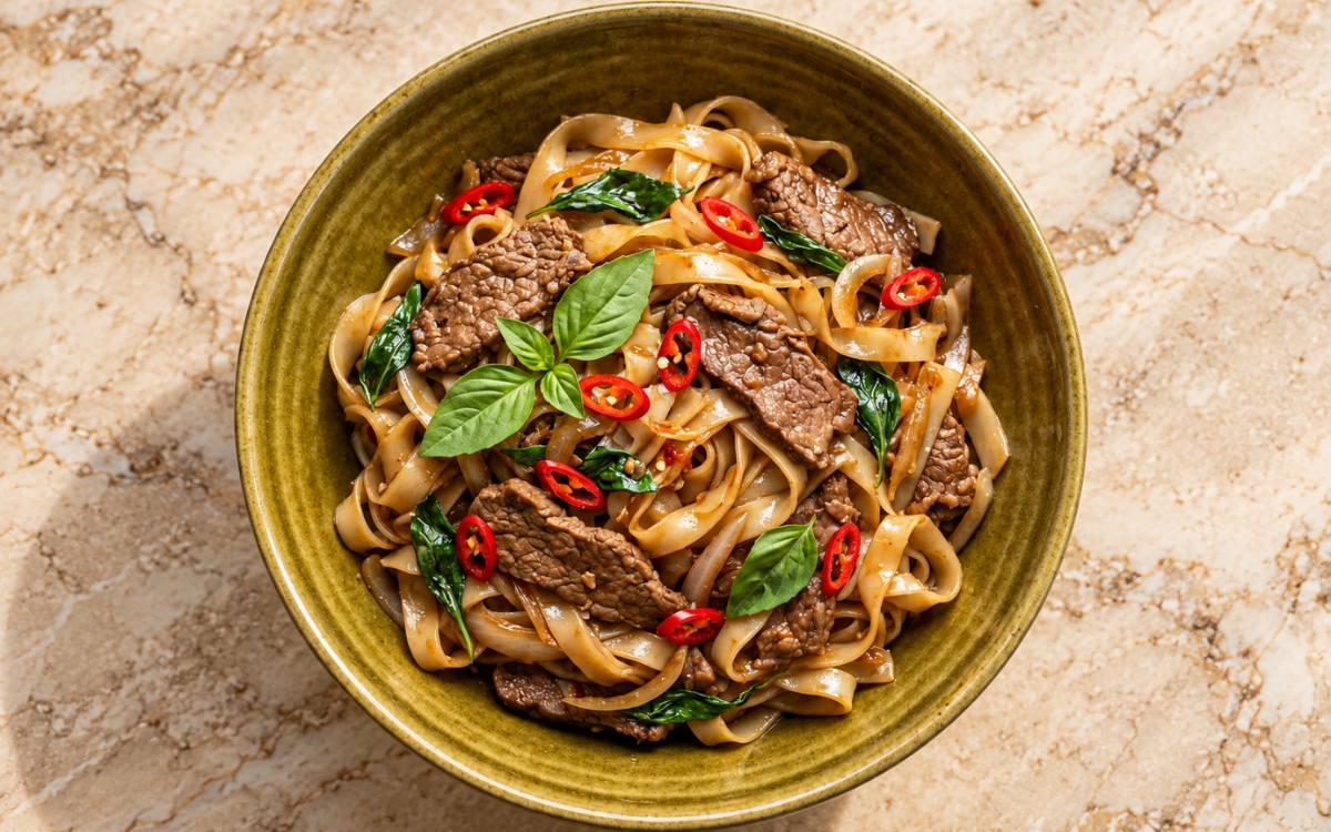 Thai Basil Beef Noodles showing glossy wide rice noodles with seared beef, softened onion, sliced red chillies and fresh Thai basil leaves, on marble surface