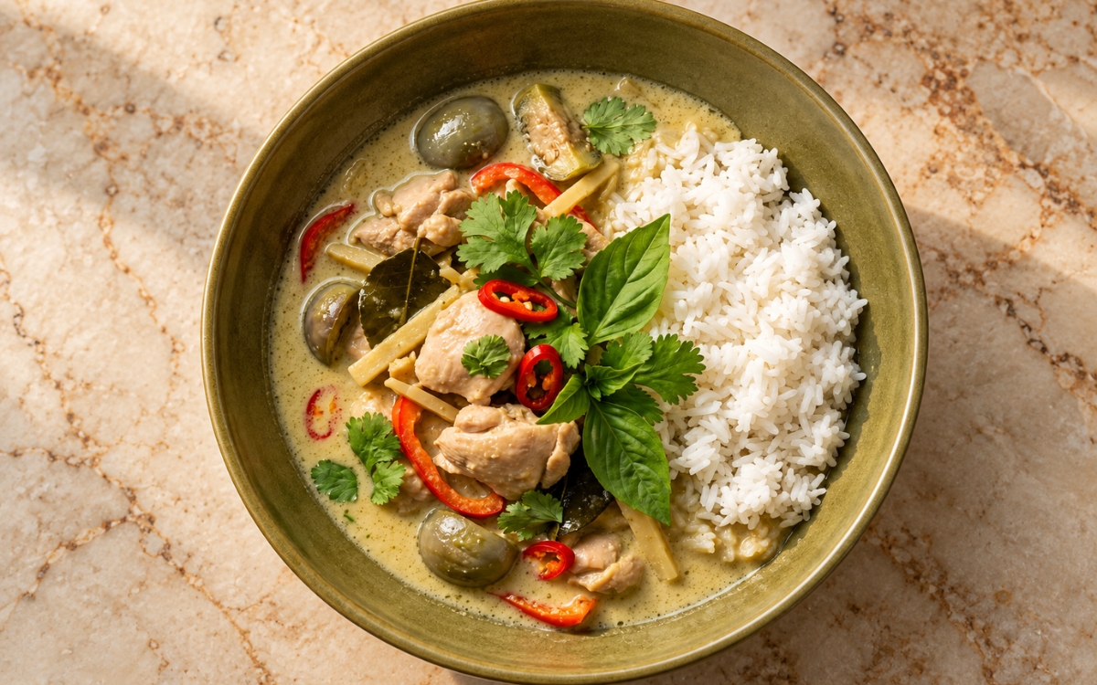 Thai Green Curry Chicken showing chicken and Thai eggplant in a creamy pale green coconut sauce with basil and red chillies beside jasmine rice, on marble surface