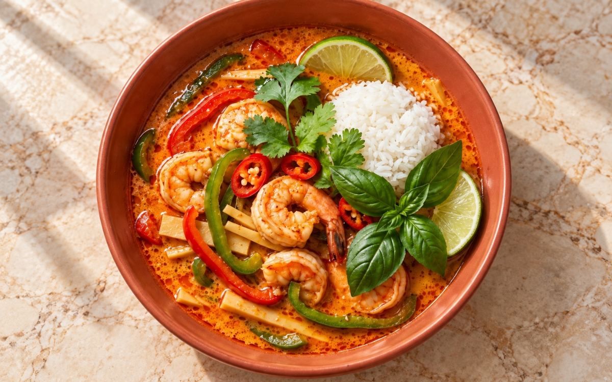 Thai Red Curry Shrimp showing plump shrimp, sliced peppers and Thai basil in a glossy red-orange coconut sauce beside jasmine rice with lime wedges, on marble surface