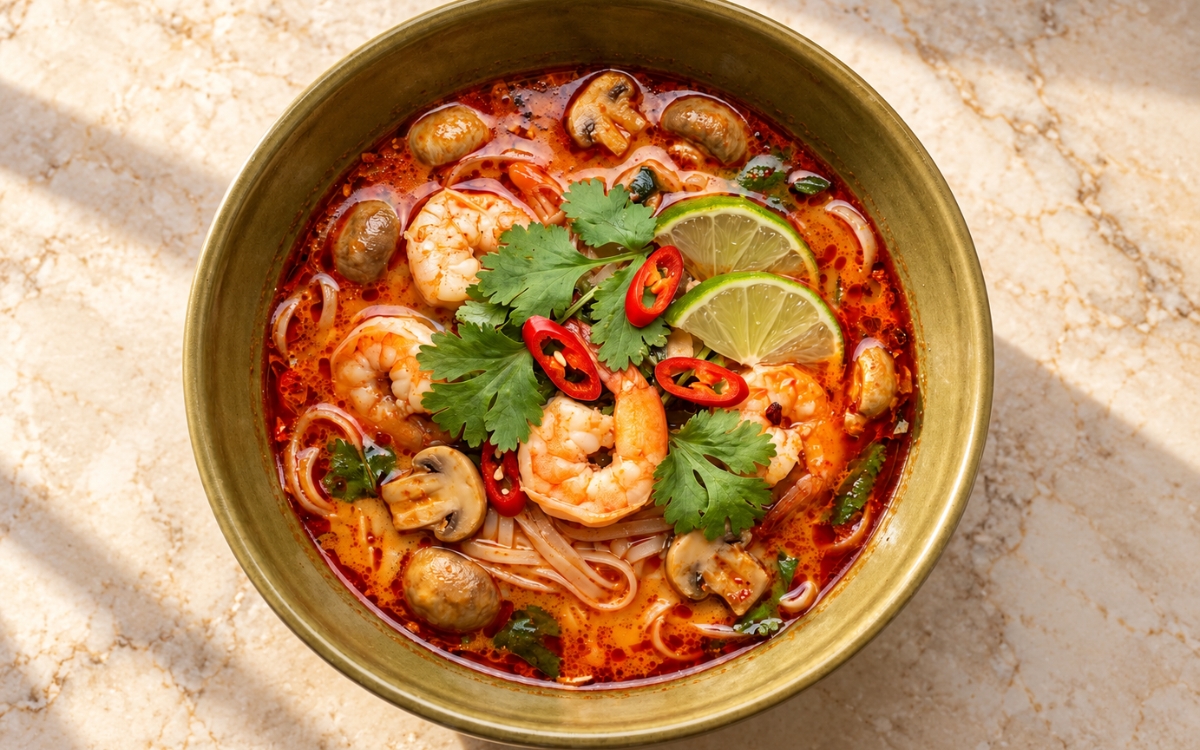 Tom Yum Noodle Soup showing shrimp, mushrooms and rice noodles in a glossy red-orange broth with cilantro, sliced red chilli and lime wedges, on marble surface