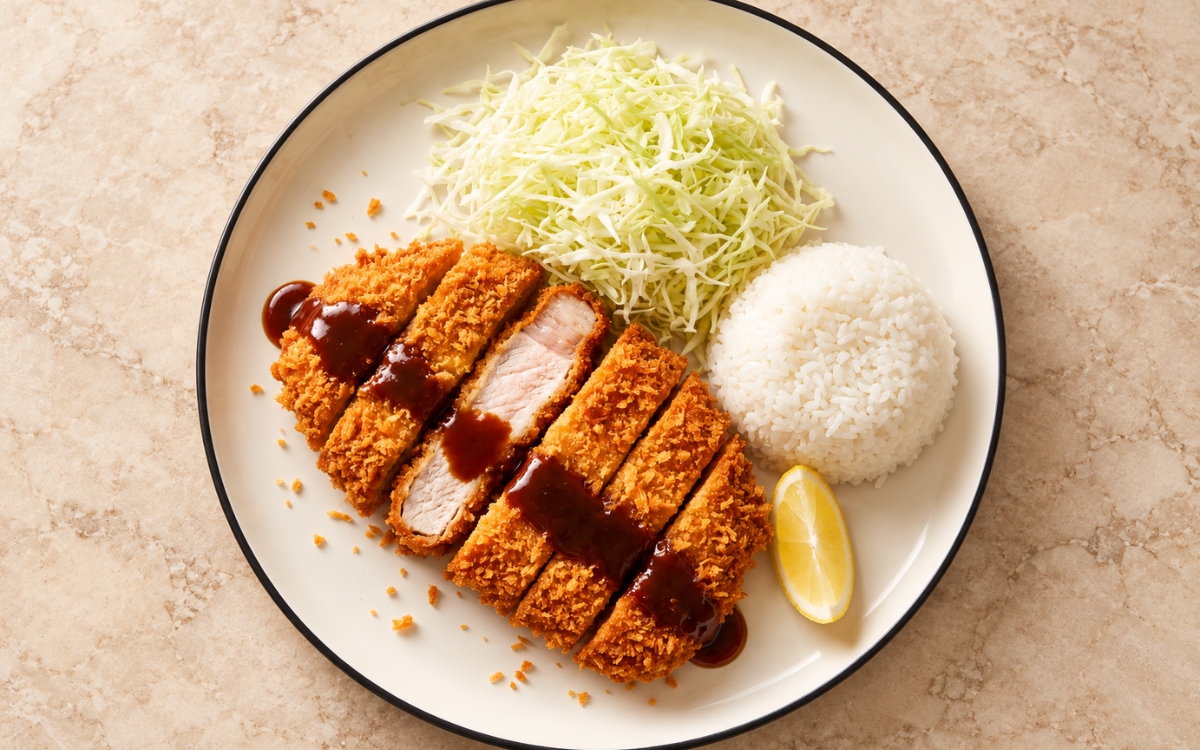 Tonkatsu with cabbage slaw showing sliced golden panko-crusted pork cutlet, finely shredded cabbage, steamed jasmine rice, tonkatsu sauce, and a lemon wedge, on marble surface