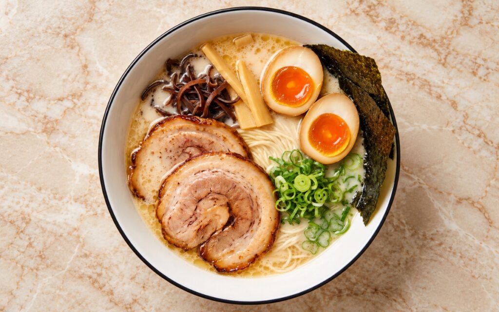 Tonkotsu ramen showing creamy ivory broth, thin straight noodles, two chashu slices, a halved ajitama egg, wood ear, menma, scallions, and upright nori, on marble surface