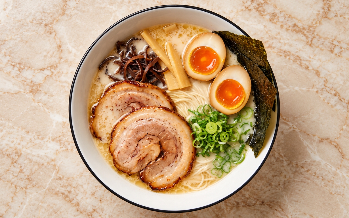 Tonkotsu ramen showing creamy ivory broth, thin straight noodles, two chashu slices, a halved ajitama egg, wood ear, menma, scallions, and upright nori, on marble surface