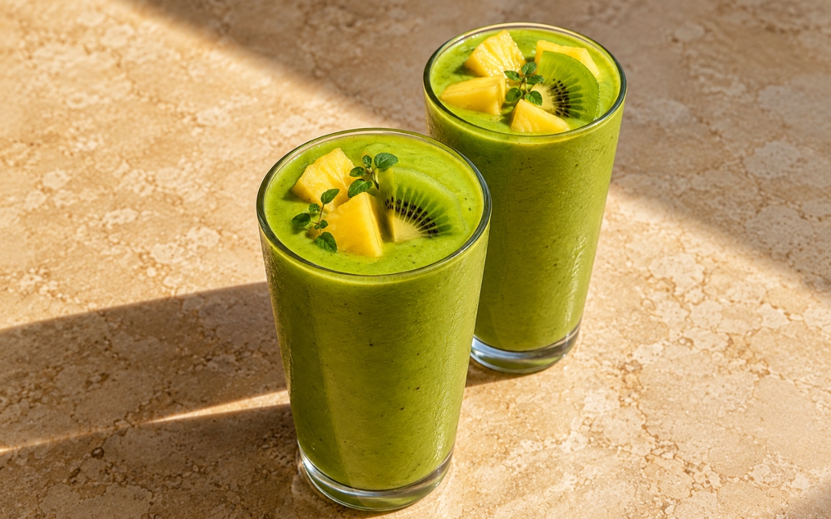 Tropical green smoothie showing a thick vivid green smoothie topped with pineapple chunks, kiwi slices, and fresh mint, on marble surface