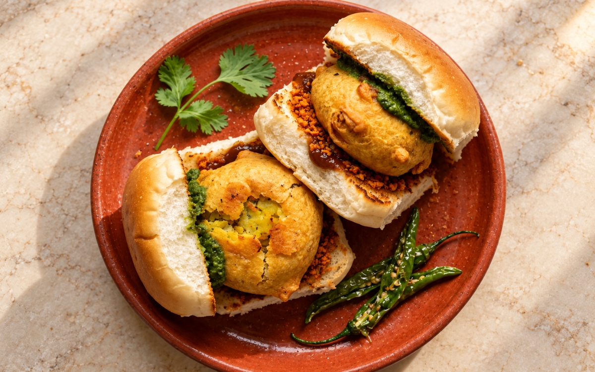 Vada pav showing soft pav filled with a golden, crisp besan-battered potato vada, green and red chutneys and dry garlic chutney, with fried green chillies, on marble surface