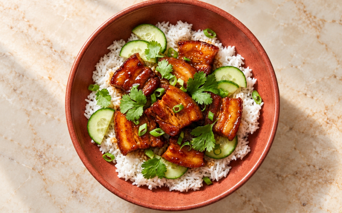 Vietnamese Caramelized Pork Bowl showing glossy amber-brown pork belly pieces over fluffy jasmine rice with cucumber slices, cilantro and scallion, on marble surface