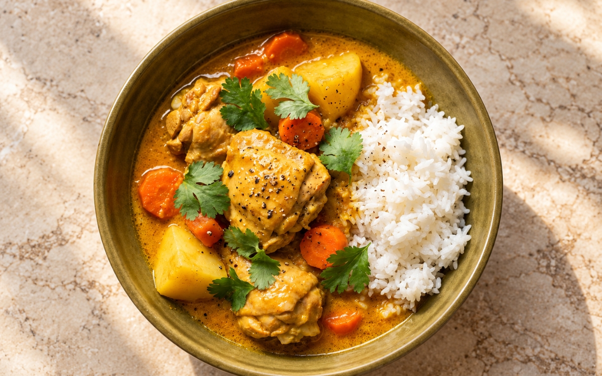 Vietnamese Chicken Curry / Cà Ri Gà showing golden chicken pieces, potato chunks and carrot rounds in glossy coconut curry broth beside jasmine rice with cilantro, on marble surface