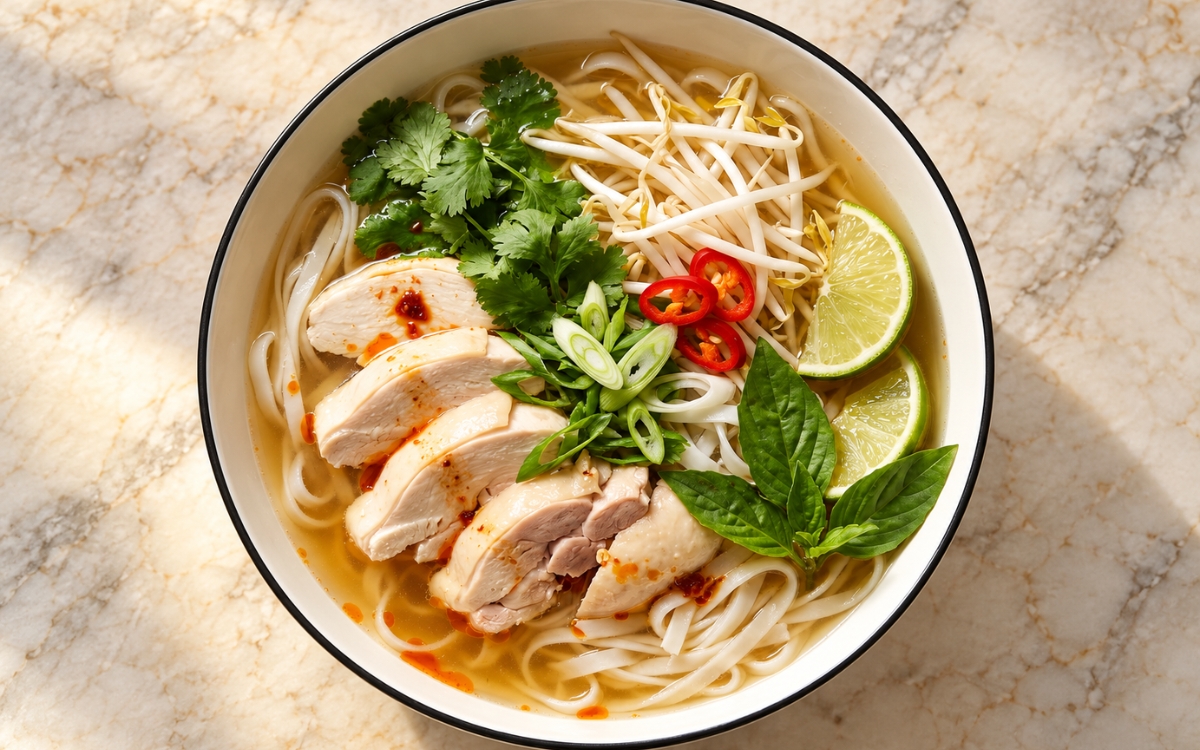 Vietnamese Chicken Pho / Phở Gà showing sliced chicken and rice noodles in clear golden broth with scallions, cilantro, Thai basil, bean sprouts and lime, on marble surface