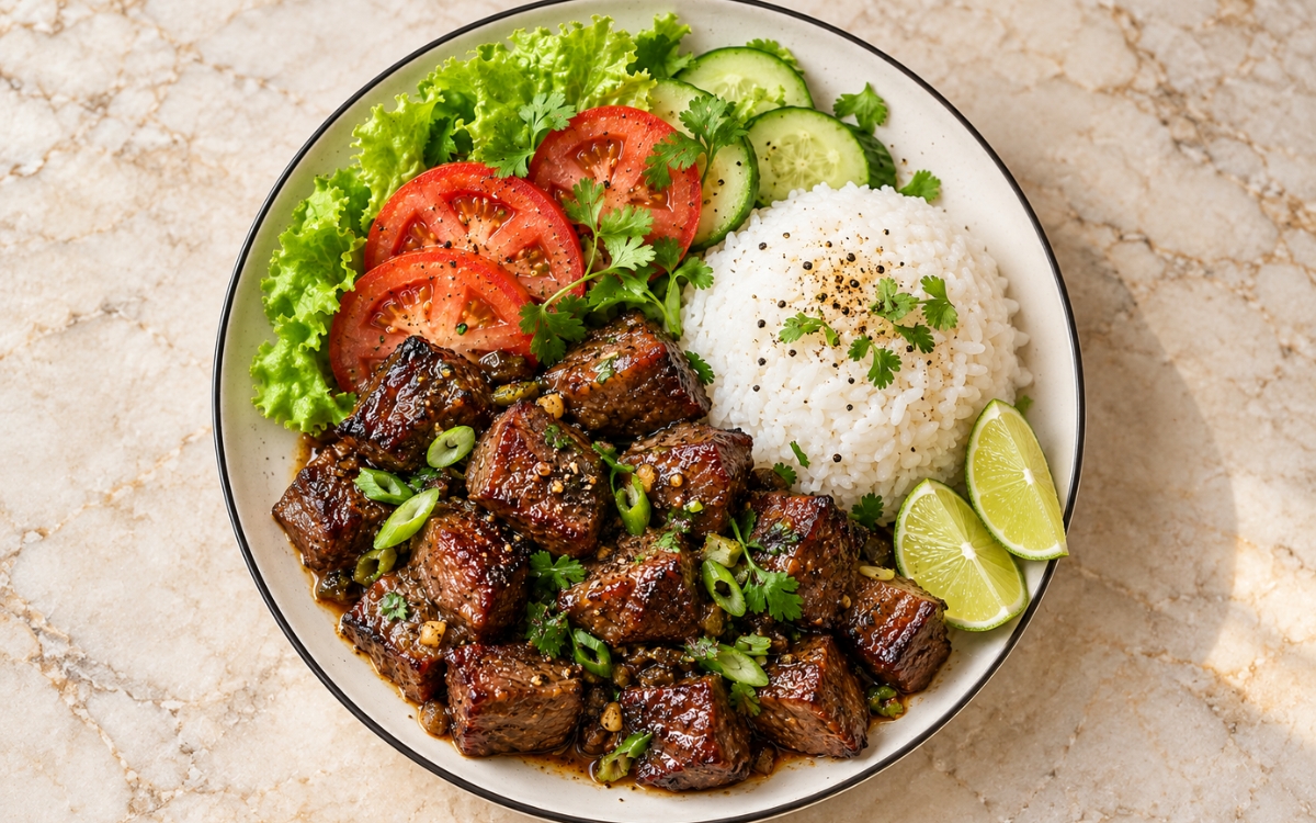 Vietnamese Shaking Beef / Bò Lúc Lắc showing glossy caramelised beef cubes with onion and scallions beside jasmine rice, lettuce, tomato, cucumber and lime, on marble surface
